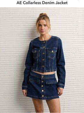 American Eagle Outfitters Dark Blue Collarless Denim Jacket Bin#26